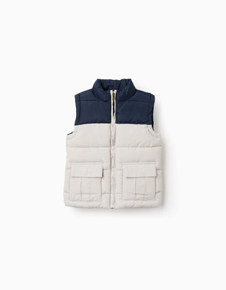 Chaleco acolchado con bolsillos con solapa para bebé niño, azul/beige