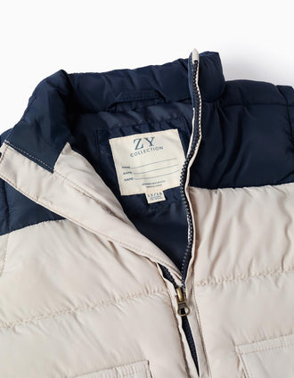 Chaleco acolchado con bolsillos con solapa para bebé niño, azul/beige