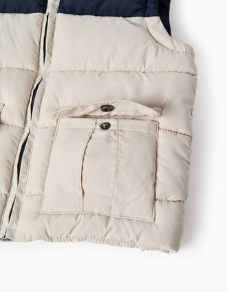 Chaleco acolchado con bolsillos con solapa para bebé niño, azul/beige