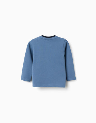 Long sleeve cotton T-shirt with print and pocket for baby boys, blue
