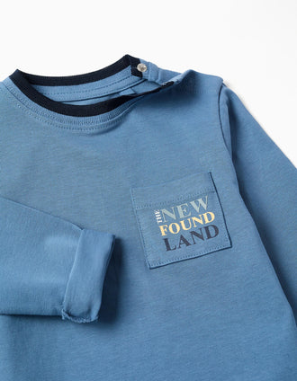 Long sleeve cotton T-shirt with print and pocket for baby boys, blue