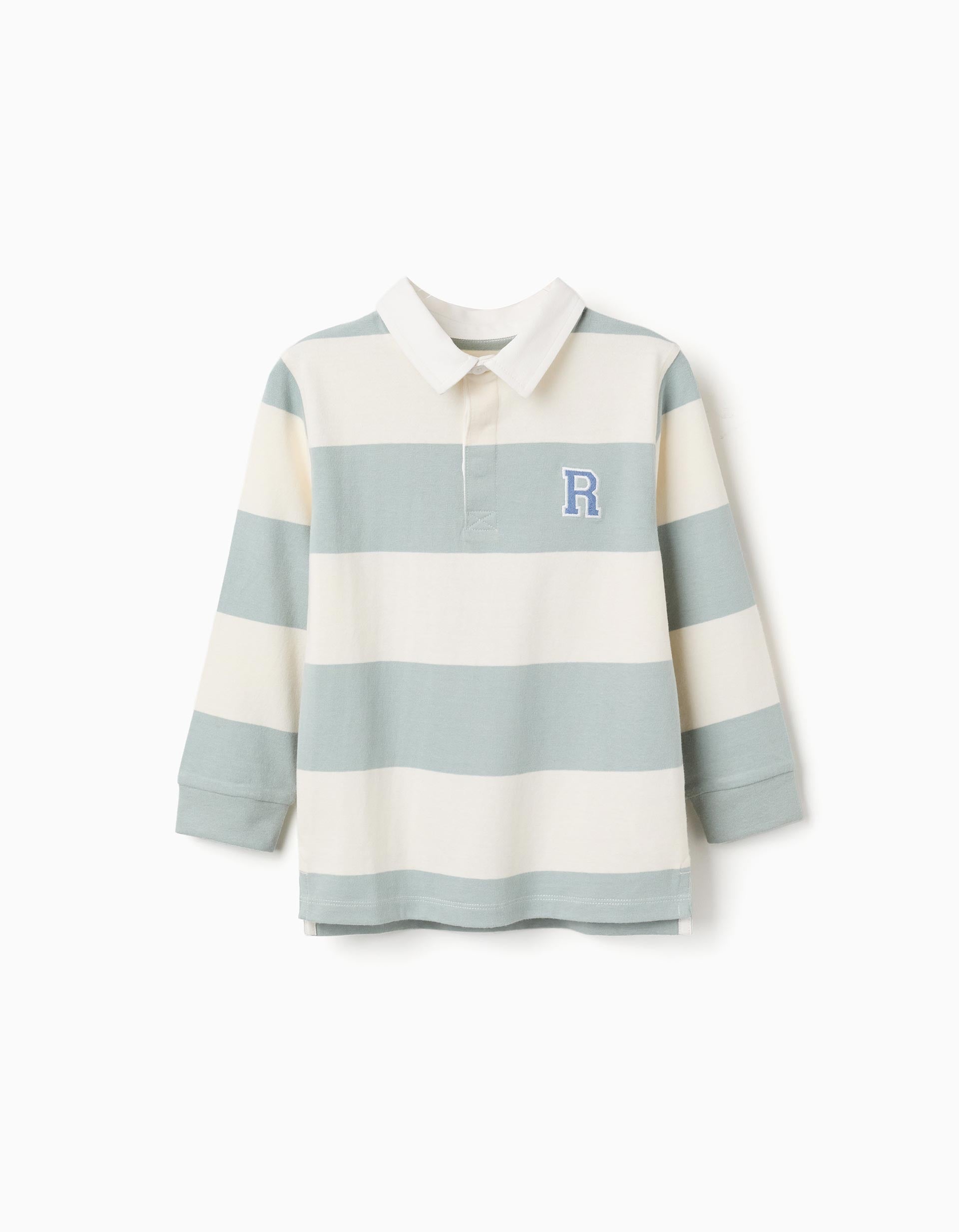 Long sleeve polo shirt with stripes for boys, white/light green