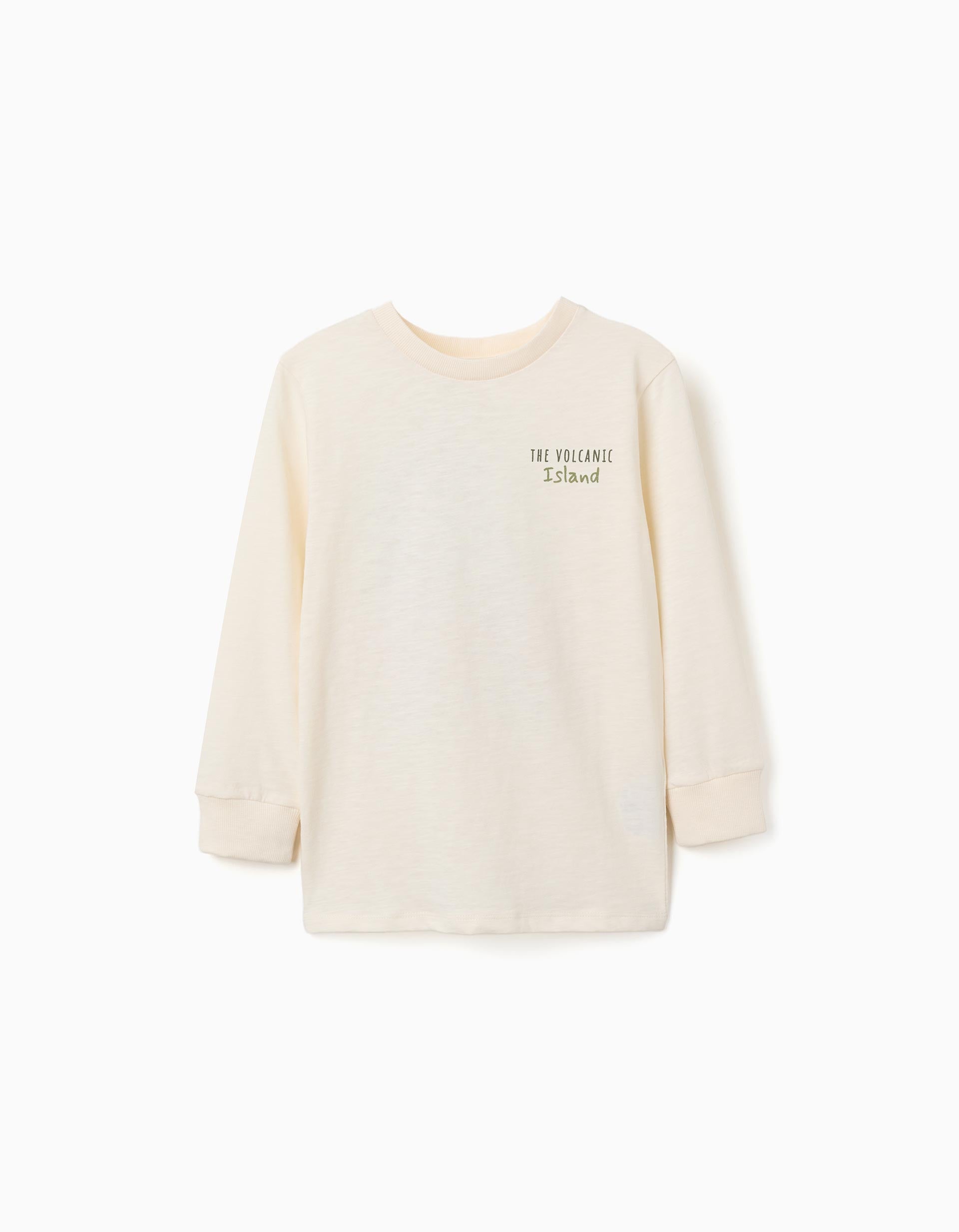 Long sleeve cotton T-shirt with Lanzarote prints for boys, light beige