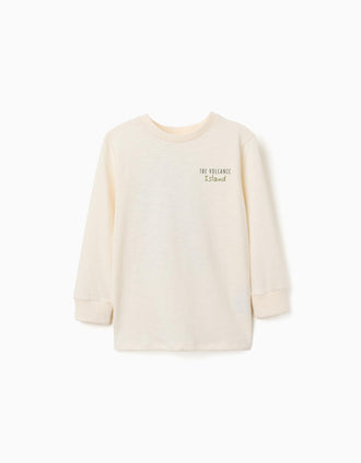 Long sleeve cotton T-shirt with Lanzarote prints for boys, light beige