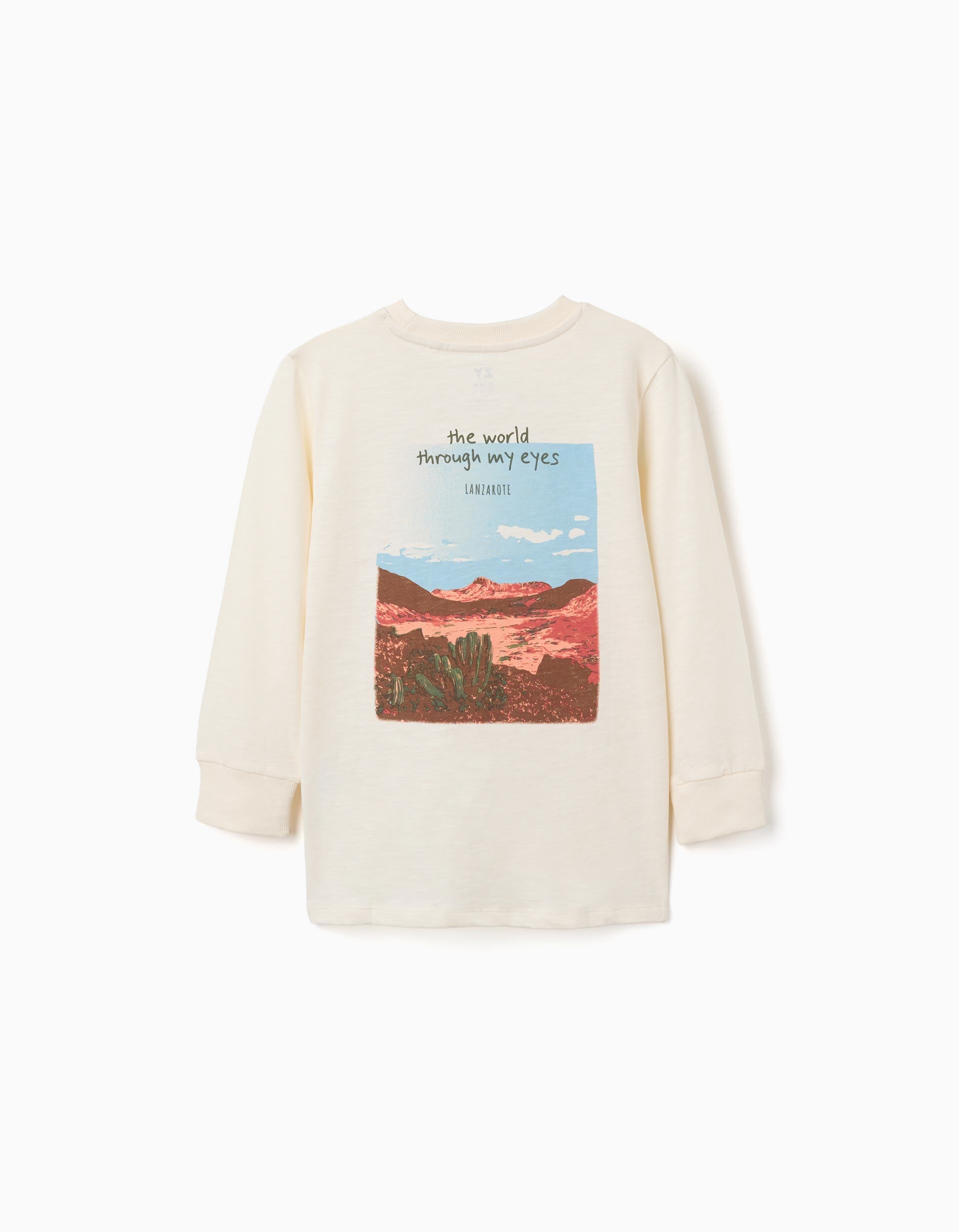 Long sleeve cotton T-shirt with Lanzarote prints for boys, light beige