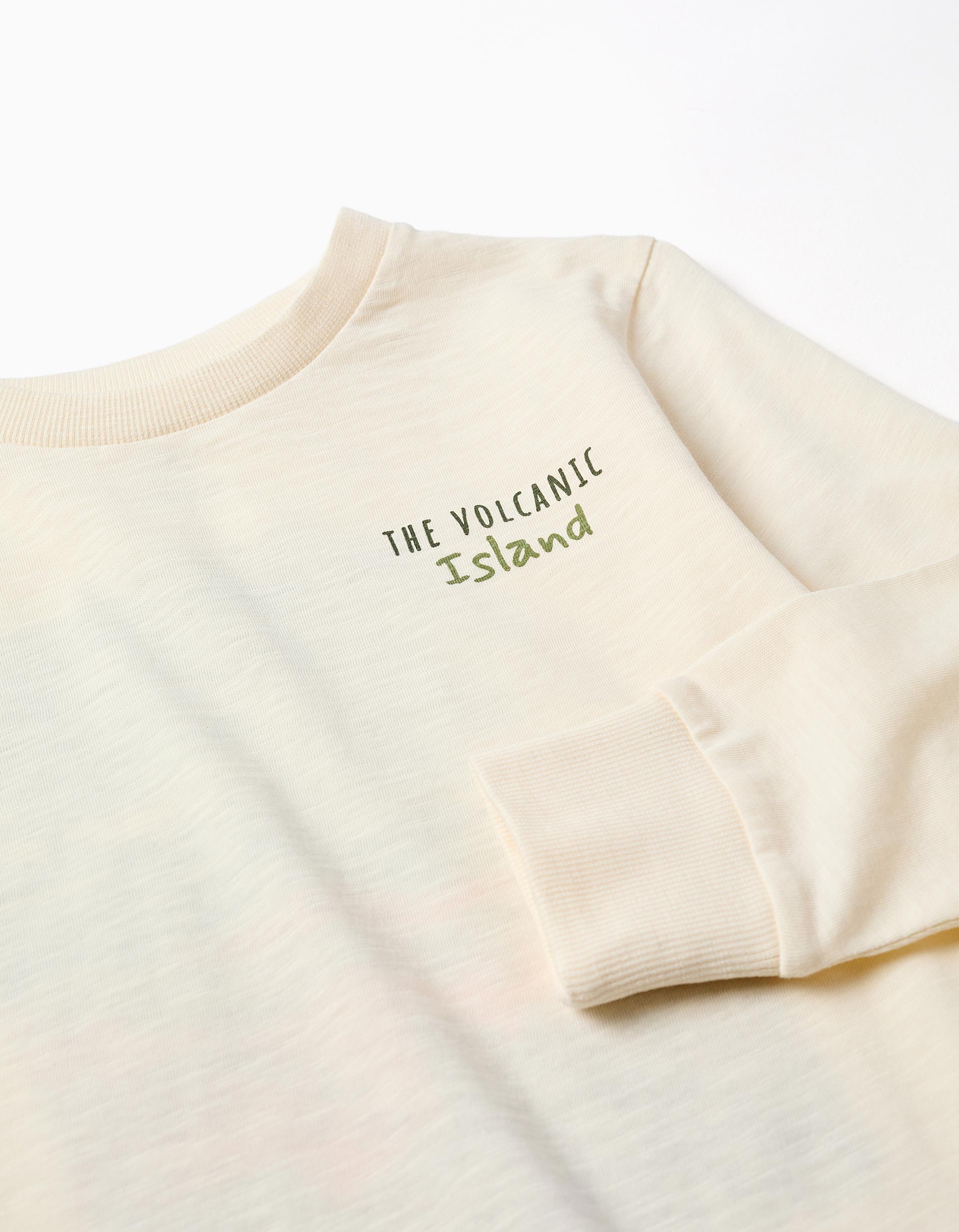 Long sleeve cotton T-shirt with Lanzarote prints for boys, light beige