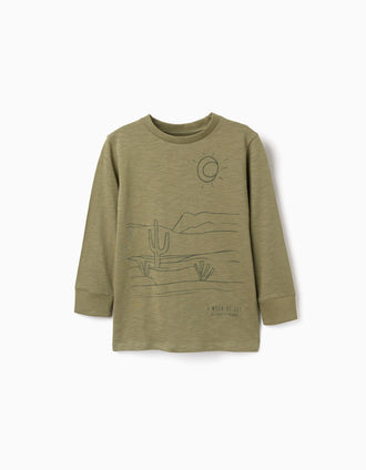 Long sleeve cotton T-shirt Work of Art for boys, dark green