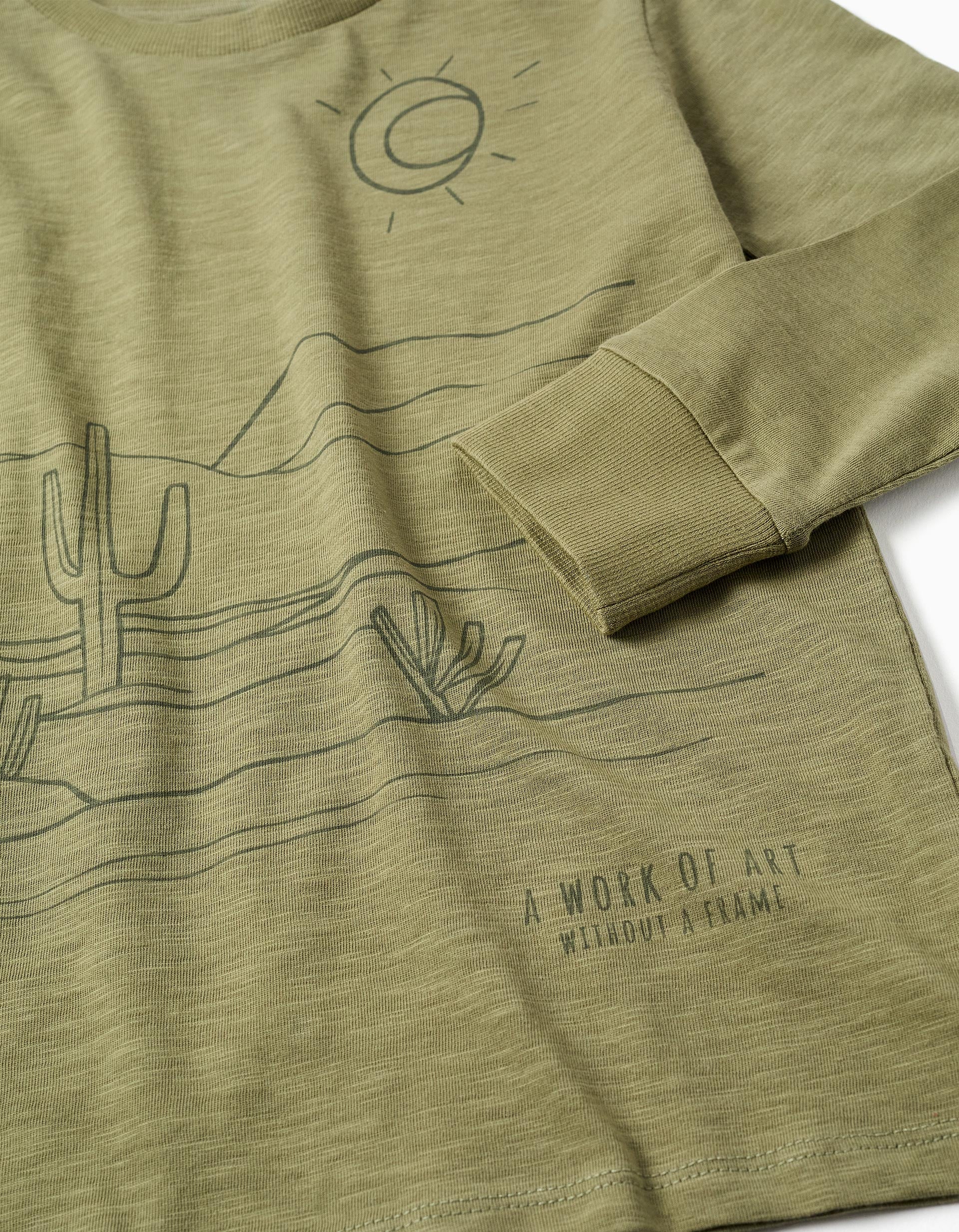 Long sleeve cotton T-shirt Work of Art for boys, dark green