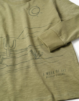 Long sleeve cotton T-shirt Work of Art for boys, dark green