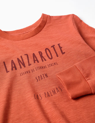 Long sleeve cotton T-shirt with Lanzarote print for boys, orange
