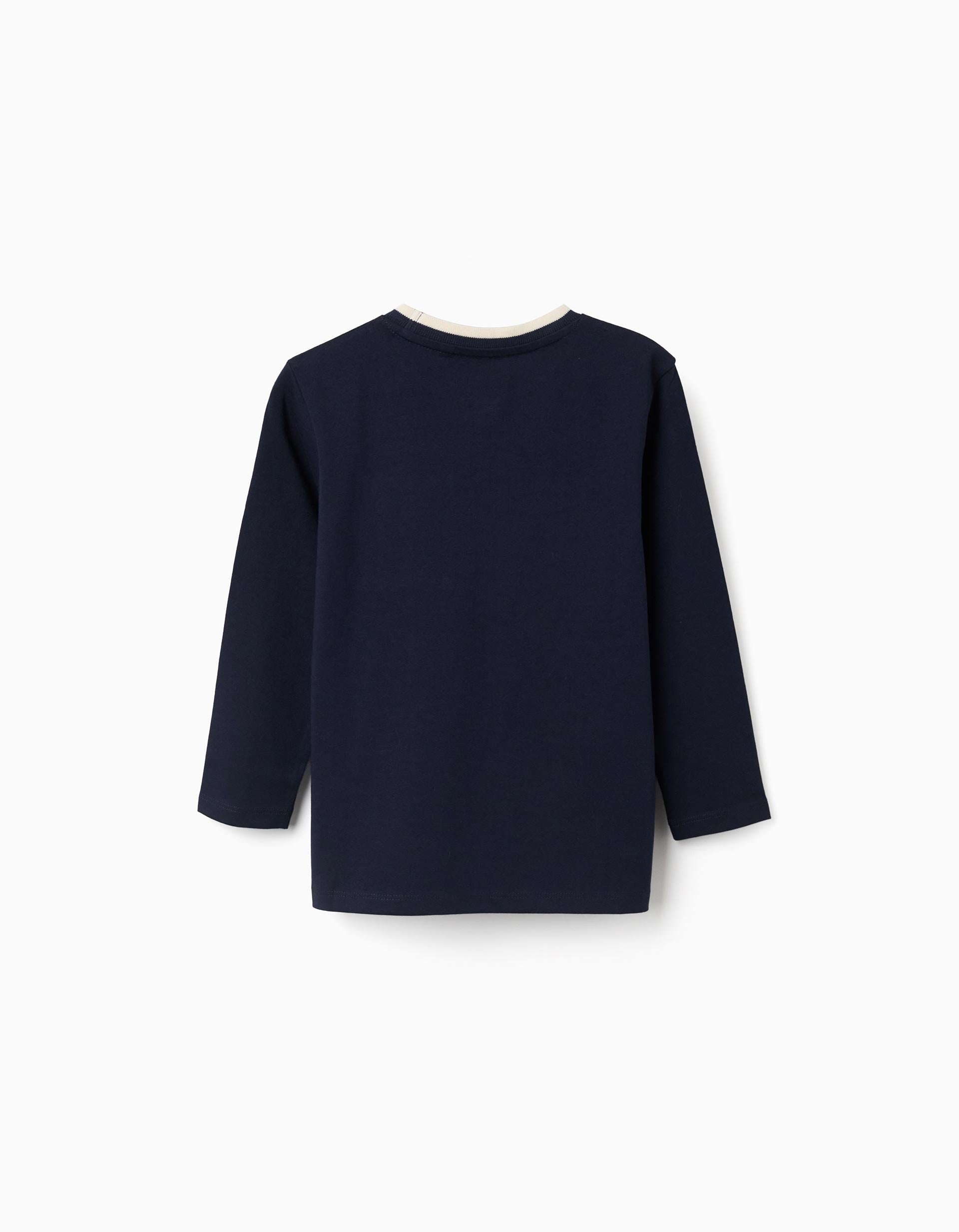 T-shirt en coton à manches longues et poche pour garçon, bleu foncé