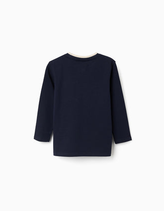 Long sleeve cotton T-shirt with print and pocket for boys, dark blue