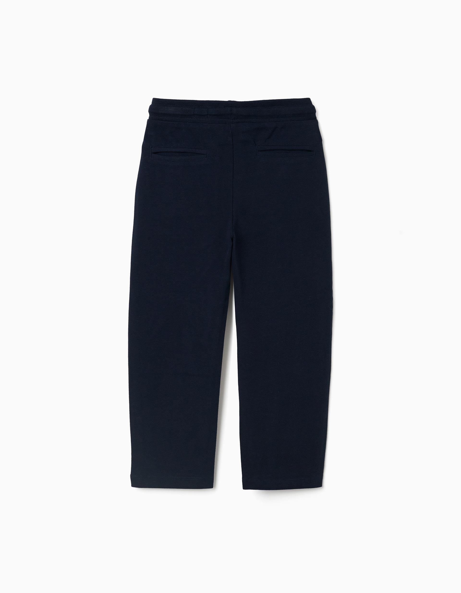 Cotton piqué slim trousers with drawstring for boys, dark blue