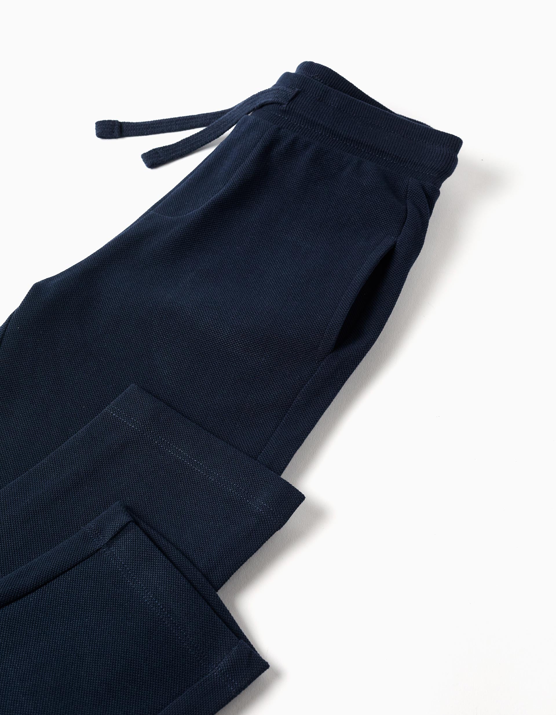 Cotton piqué slim trousers with drawstring for boys, dark blue