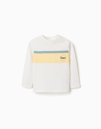 Long sleeve cotton T-shirt with print for baby boys, white/yellow/green