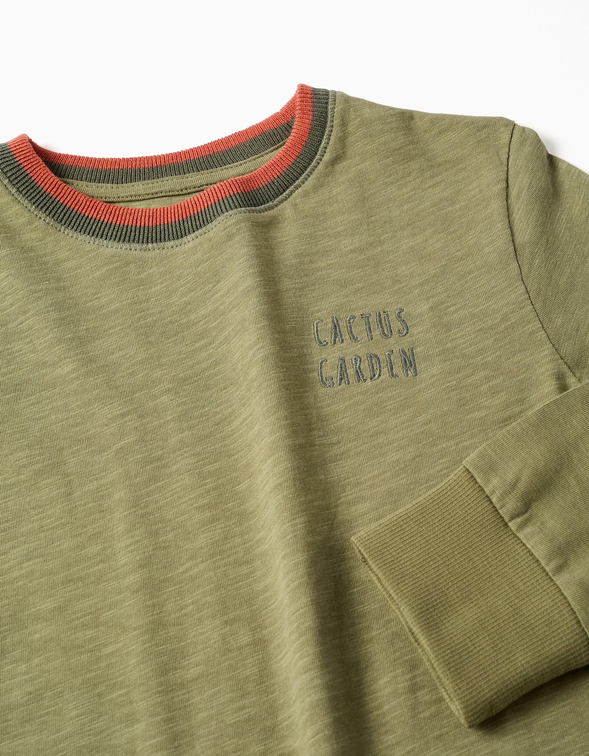 T-shirt de algodão com bordado Cactus Garden para menino, verde-escuro