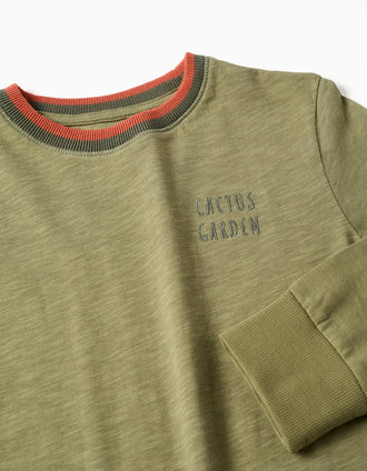 Long sleeve cotton T-shirt Cactus Garden for boys, dark green