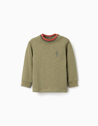 Long sleeve cotton T-shirt Cactus Garden for baby boys, dark green