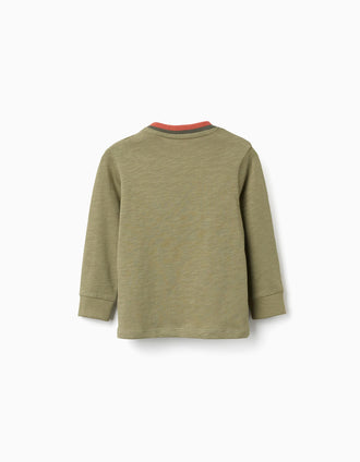Long sleeve cotton T-shirt Cactus Garden for baby boys, dark green