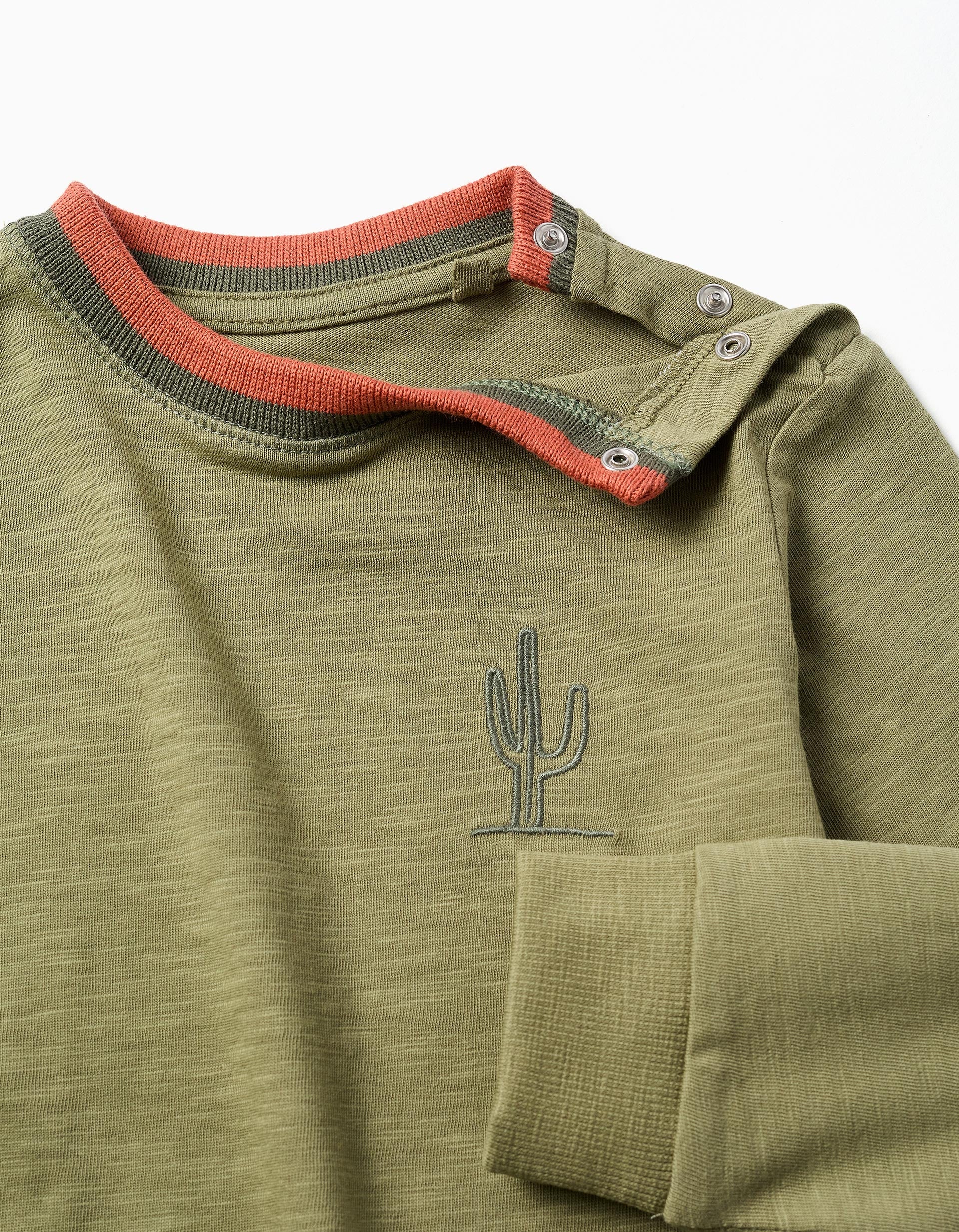 T-shirt en coton à broderie Cactus Garden pour bébé garçon, vert foncé