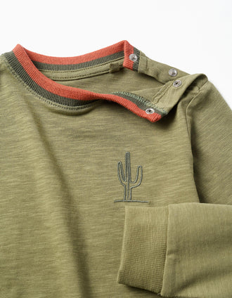 Long sleeve cotton T-shirt Cactus Garden for baby boys, dark green