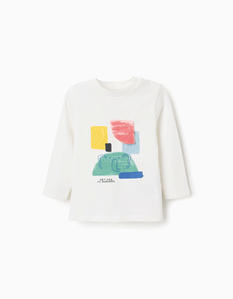 T-shirt en coton à manches longues et imprimé Art pour bébé garçon, blanc