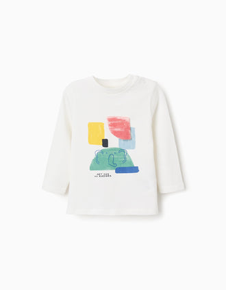 T-shirt en coton à manches longues et imprimé Art pour bébé garçon, blanc
