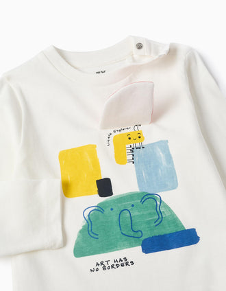T-shirt en coton à manches longues et imprimé Art pour bébé garçon, blanc