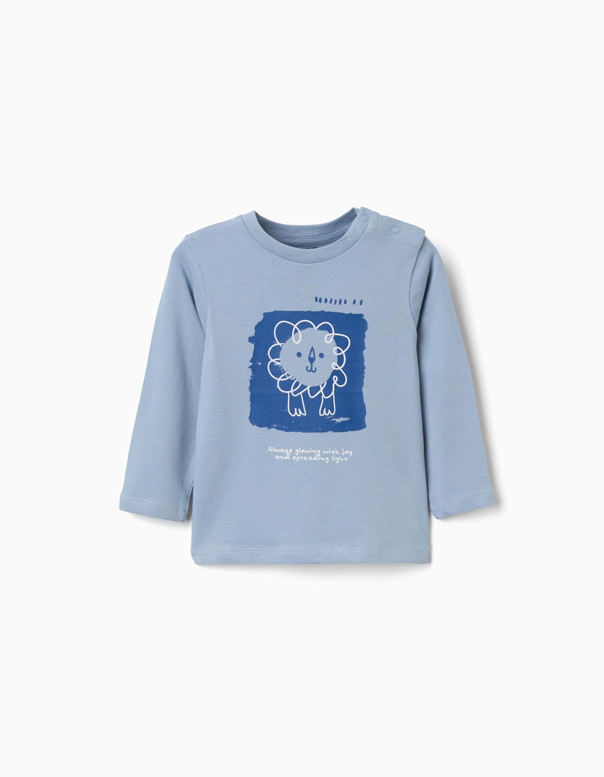 T-shirt de algodão com leão estampado para bebé menino, azul