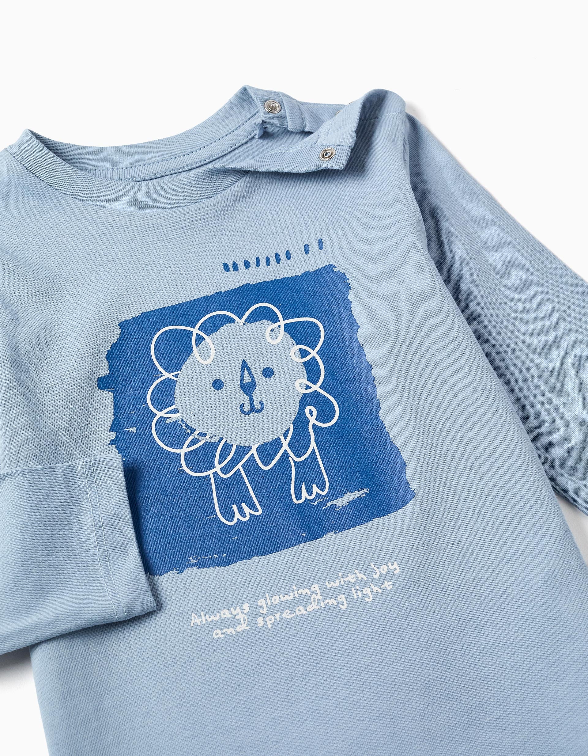 T-shirt de algodão com leão estampado para bebé menino, azul