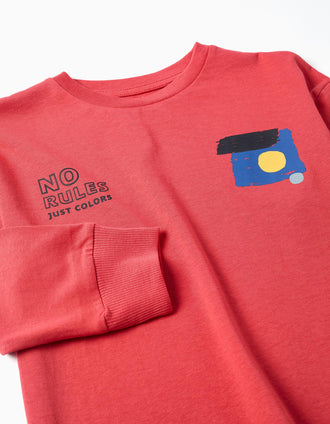 Long sleeve cotton T-shirt with No Rules print for boys, red