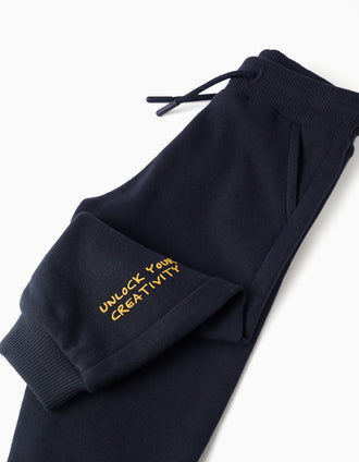 Cotton joggers with Creativity print for baby boys, dark blue