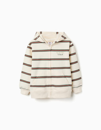 Sweat zippé en coton à capuche et rayures pour garçon, beige/orange/vert