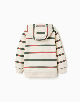 Sweat zippé en coton à capuche et rayures pour garçon, beige/orange/vert
