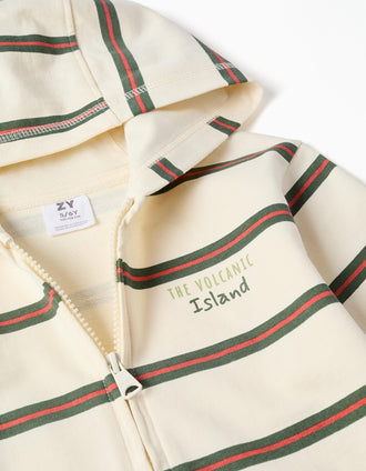 Sweat zippé en coton à capuche et rayures pour garçon, beige/orange/vert