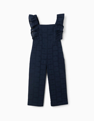 Macacão de algodão com bordado inglês e folhos para menina, azul-escuro