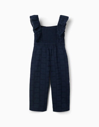 Macacão de algodão com bordado inglês e folhos para menina, azul-escuro