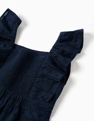 Macacão de algodão com bordado inglês e folhos para menina, azul-escuro