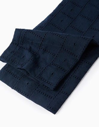 Macacão de algodão com bordado inglês e folhos para menina, azul-escuro