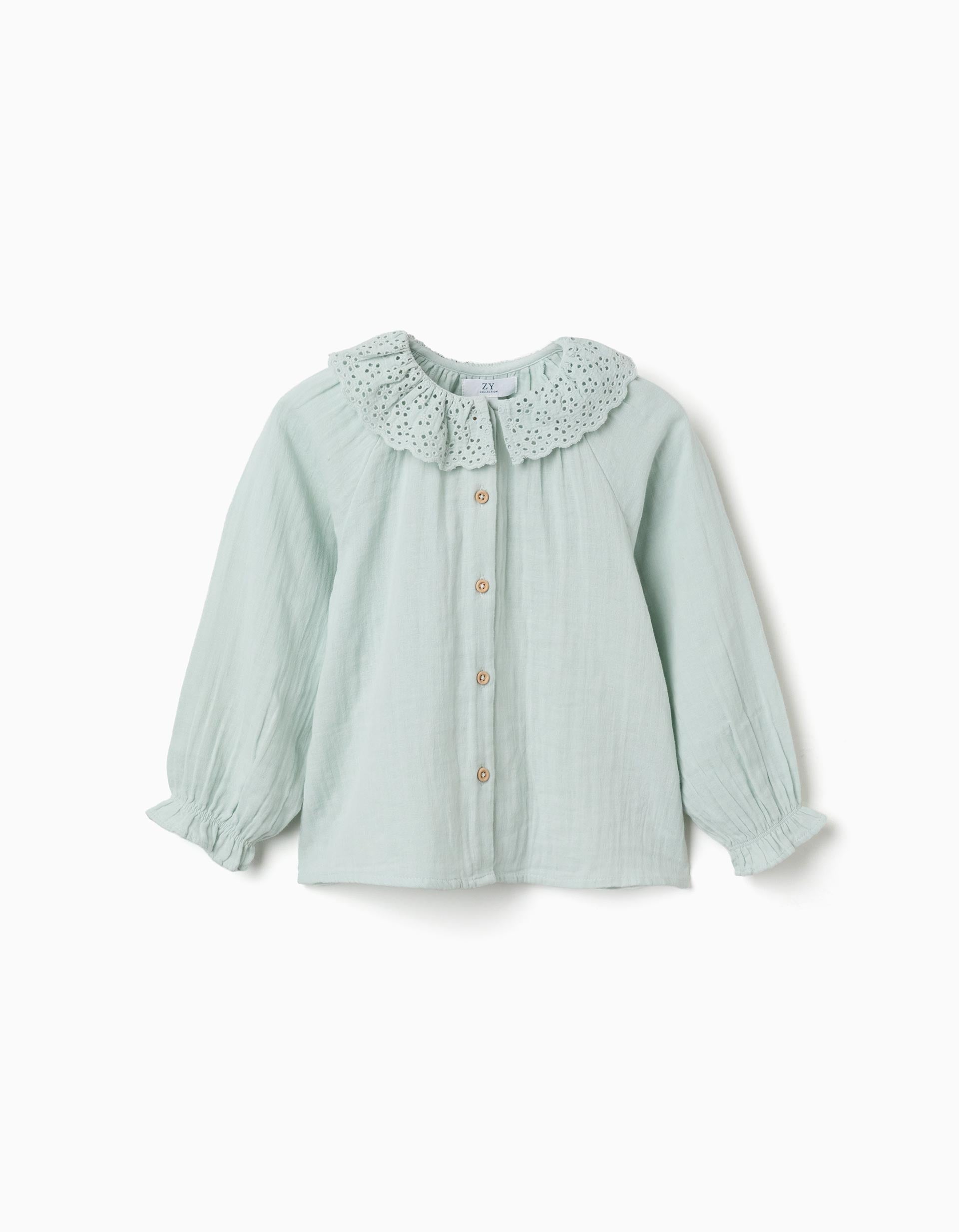 Camisa de algodão com bordado inglês e folhos para menina, azul-claro