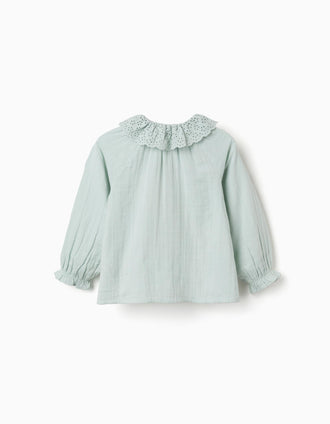 Chemise en coton à broderie anglaise et volants pour fille, bleu clair