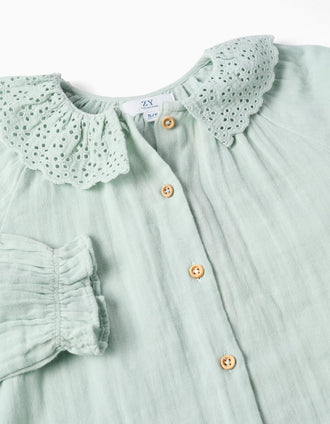 Chemise en coton à broderie anglaise et volants pour fille, bleu clair