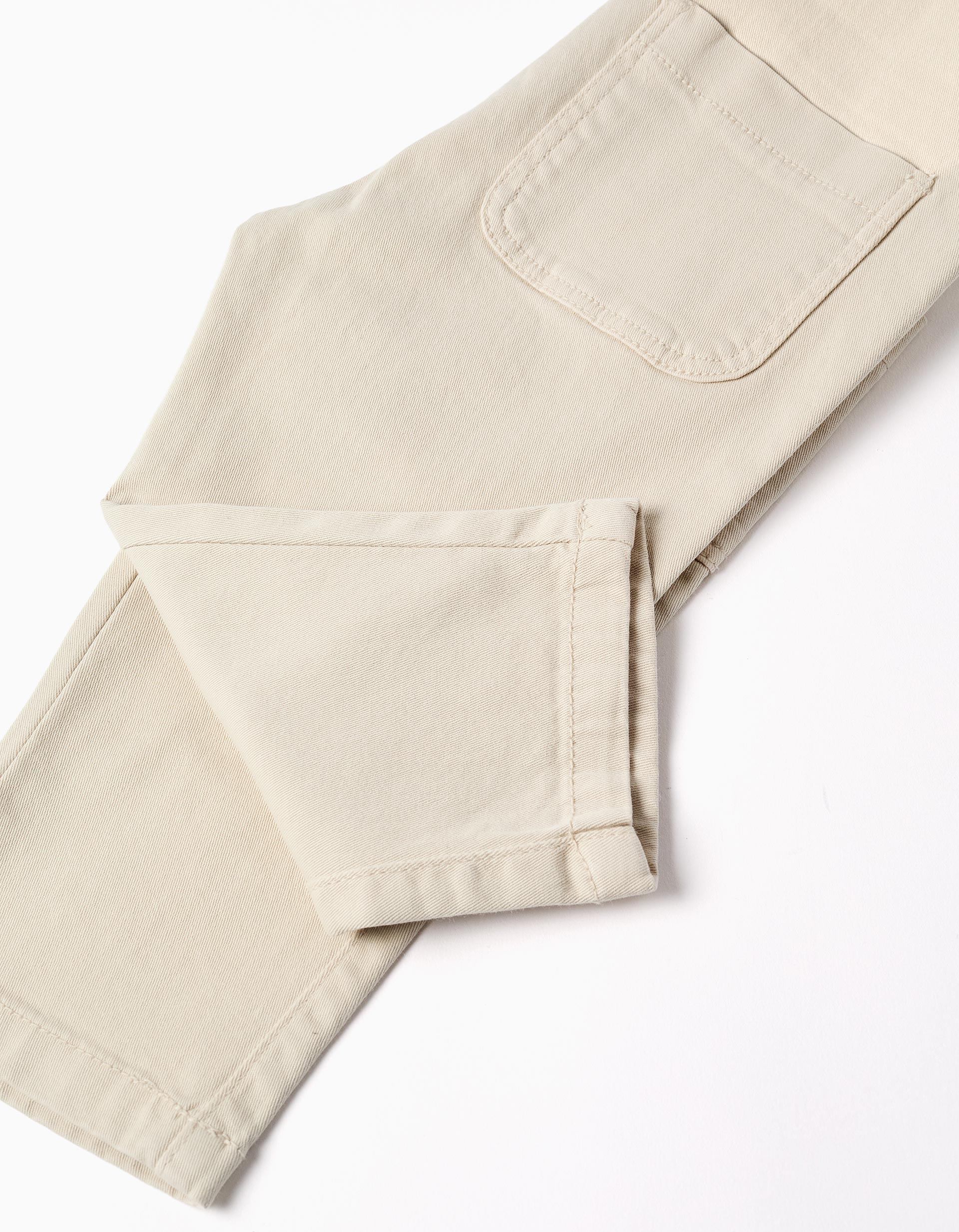 Jardineiras de sarja com bolso cargo para bebé menino, bege