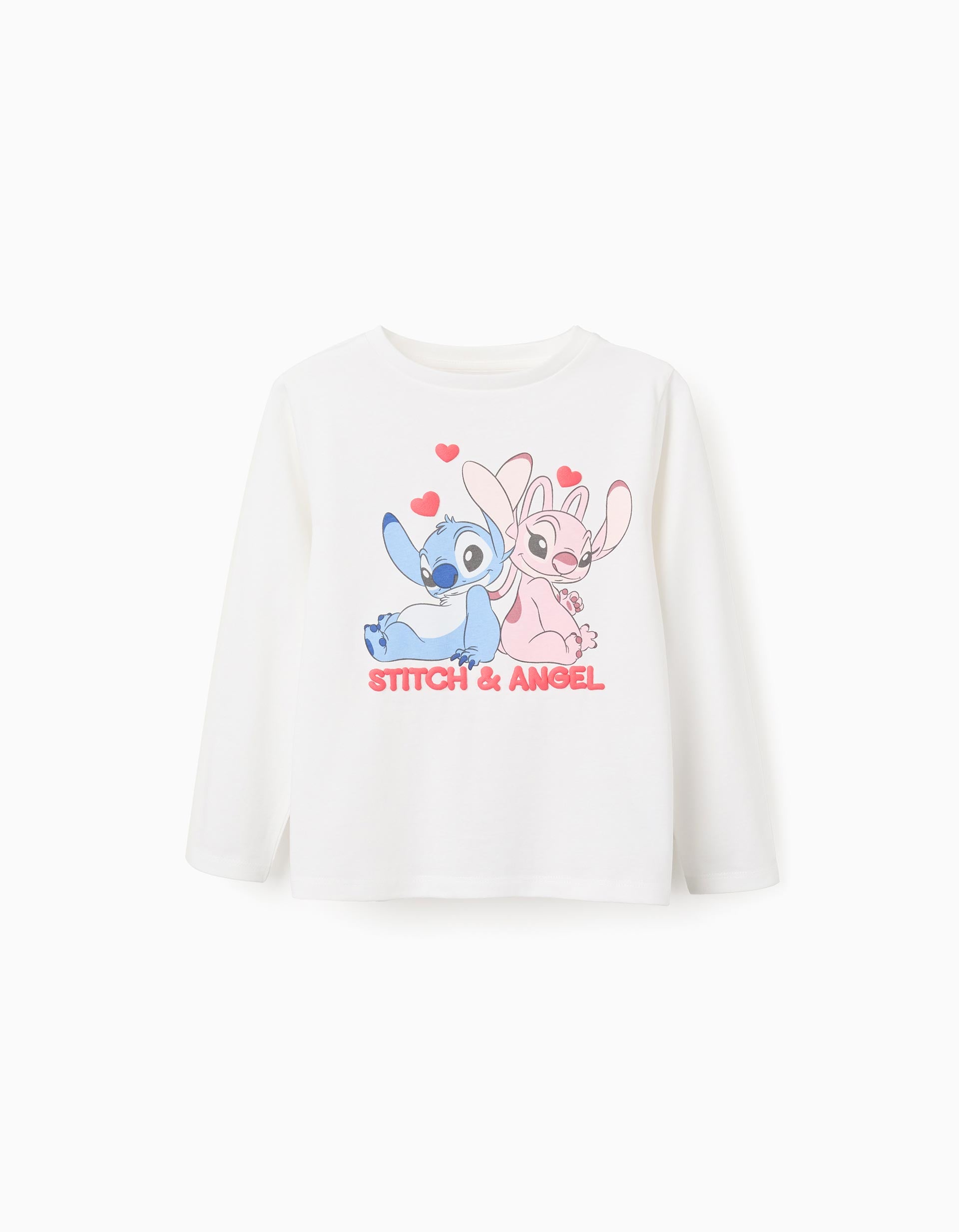 Long sleeve cotton T-shirt with Stitch and Angel print for girls, white