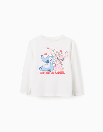 Camiseta de algodón con estampado de Stitch y Angel para niña, blanco