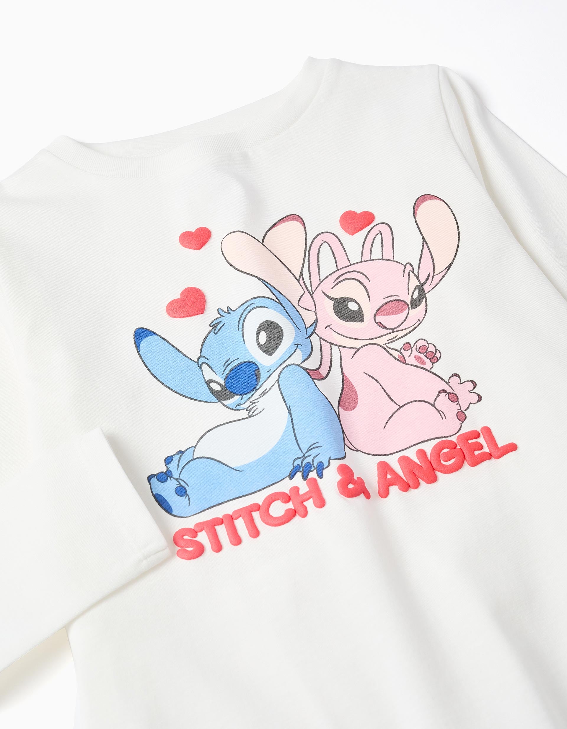 Long sleeve cotton T-shirt with Stitch and Angel print for girls, white