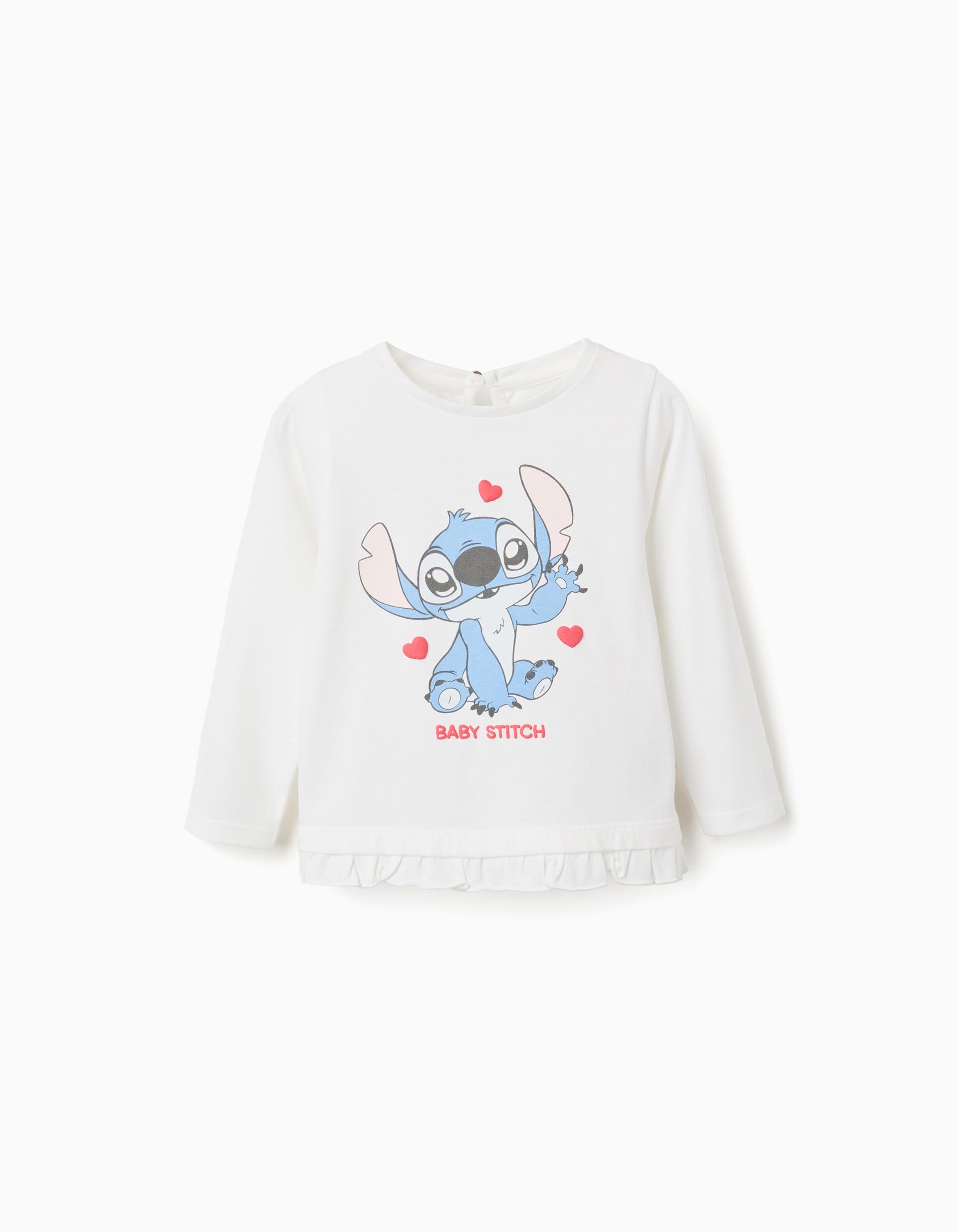 Long sleeve cotton T-shirt with Stitch and ruffles for baby girls, white