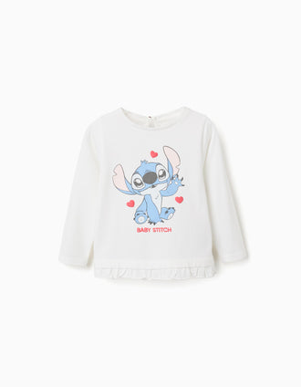 Camiseta de algodón con Stitch y volantes para bebé niña, blanco