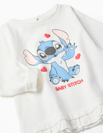 Camiseta de algodón con Stitch y volantes para bebé niña, blanco