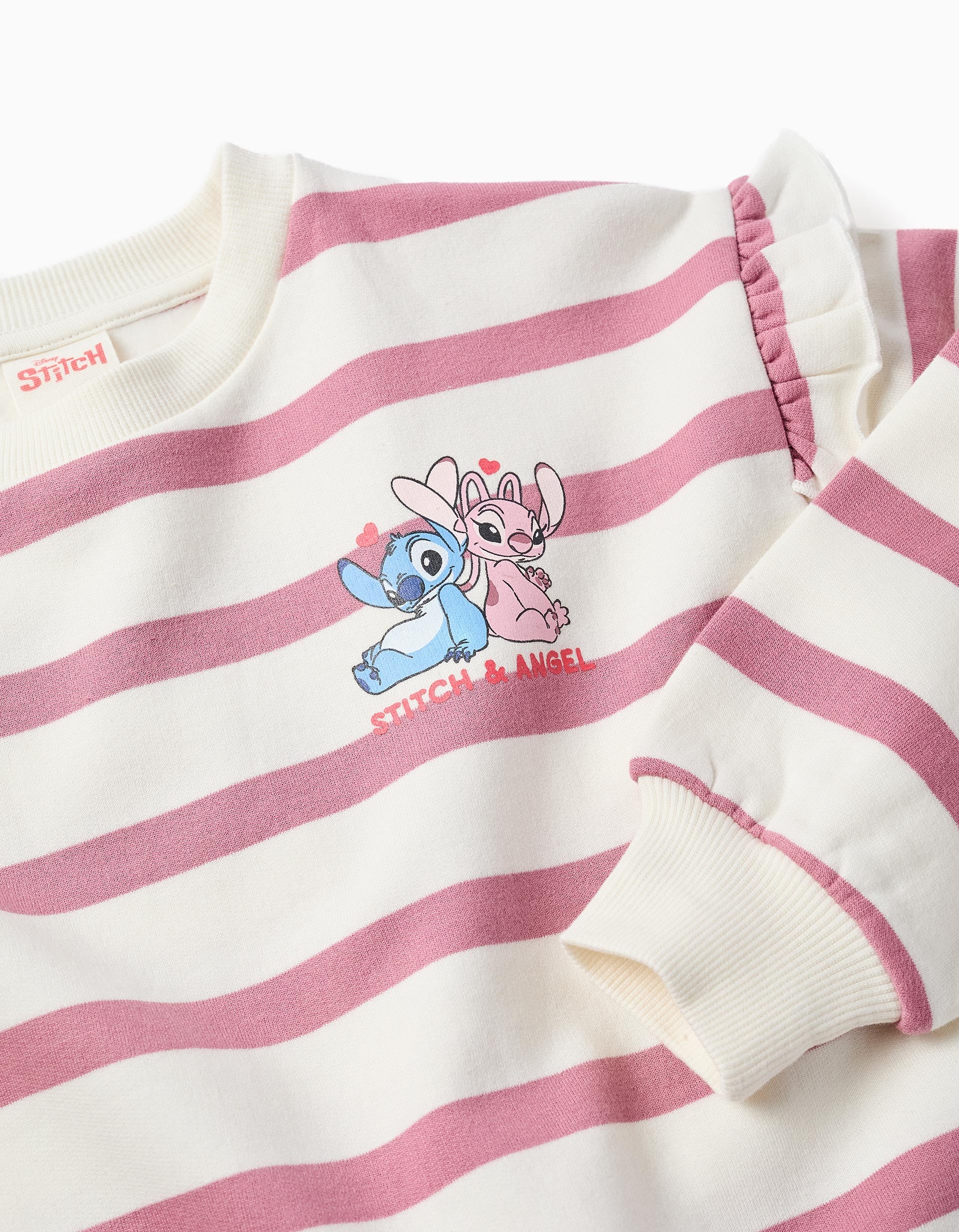Sweat en coton peigné à rayures et imprimé Stitch pour fille, rose/blanc